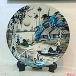 Đĩa Sơn Mài Lưu Niệm màu trắng đen - Làng Quê Việt Nam (D=20cm)
