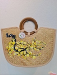 Túi xách cỏ bàng vẽ hoa quay gỗ hoa mai đào (25cm x 30cm)